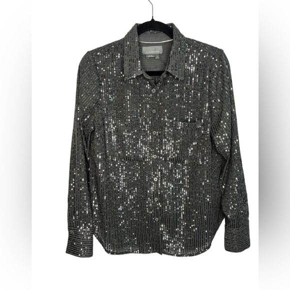 Anthropologie Remie Sequin Button Front Shirt Blouse Silver Top Size Medium - Picture 1 of 11